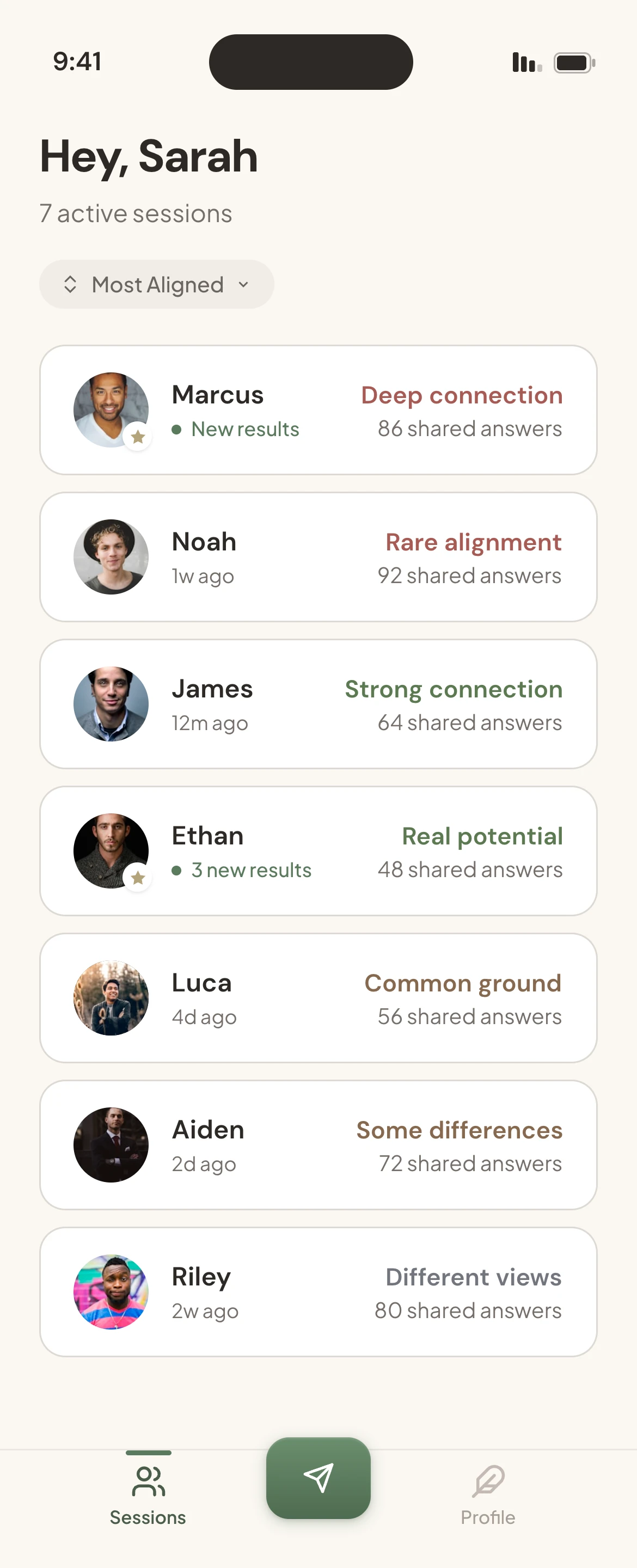 TwoNotes sessions screen showing Sarah's 7 active sessions with compatibility scores ranging from Rare alignment to Different views